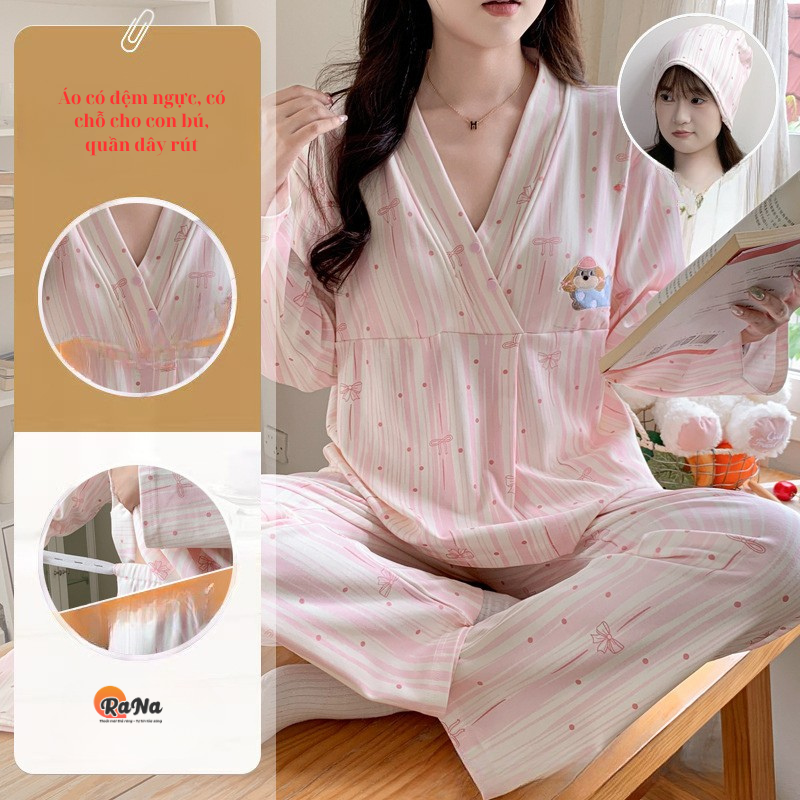 Bộ pijama ngủ cho mẹ bầu bỉm có chỗ cho con bú tặng kèm mũ