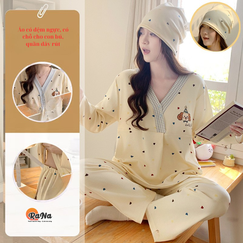 Bộ pijama ngủ cho mẹ bầu bỉm có chỗ cho con bú tặng kèm mũ