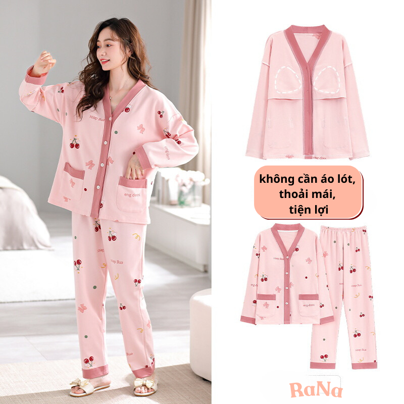 Bộ dài tay pijama có sẵn đệm ngực Cài Nút thu đông