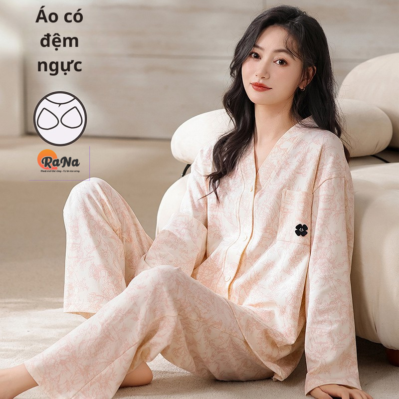 Bộ dài tay pijama có sẵn đệm ngực Cài Nút thu đông