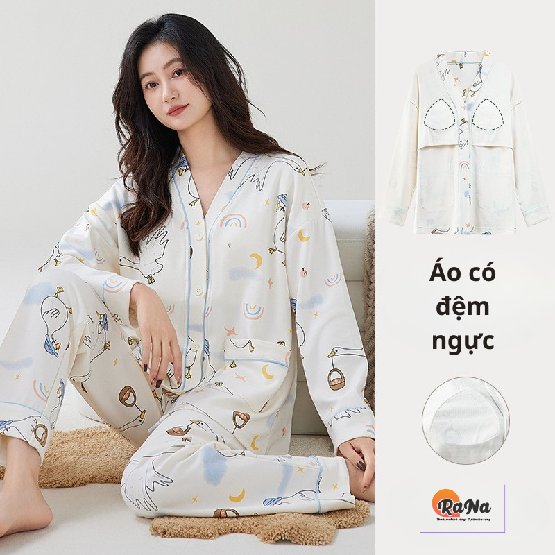 Bộ dài tay pijama có sẵn đệm ngực Cài Nút thu đông