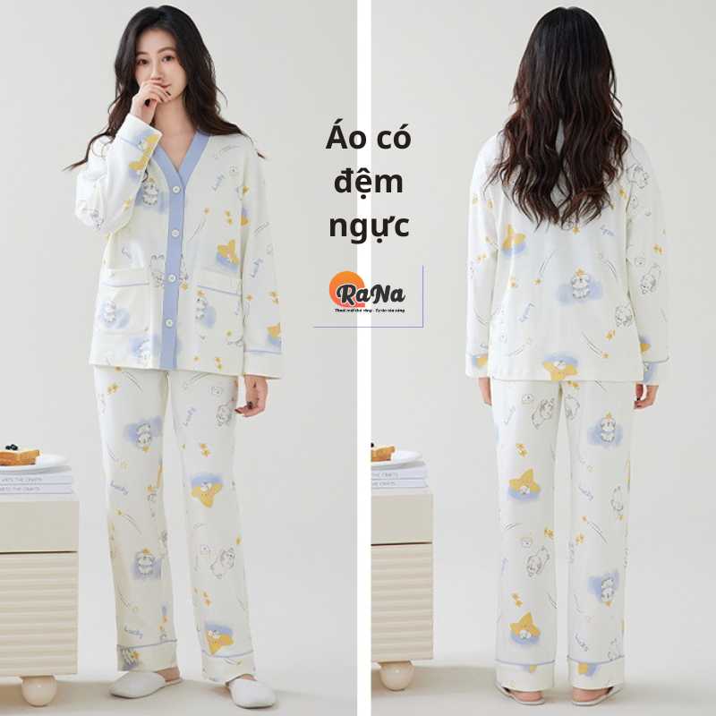 Bộ dài tay pijama có sẵn đệm ngực Cài Nút thu đông