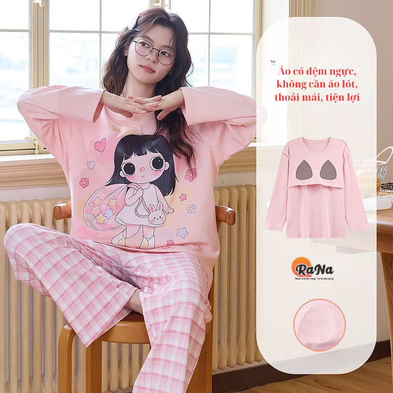 Bộ đồ mặc nhà thu đông thun coton cao cấp cổ tròn