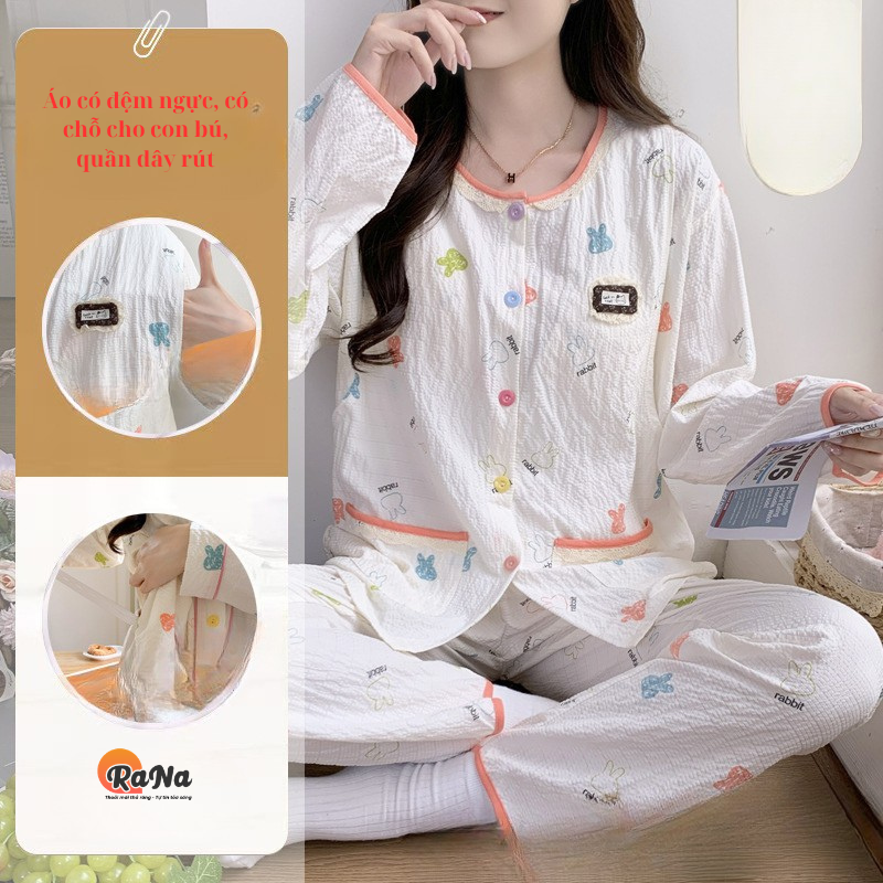 Bộ pijama ngủ cho mẹ bầu bỉm có chỗ cho con bú chất đũi coton