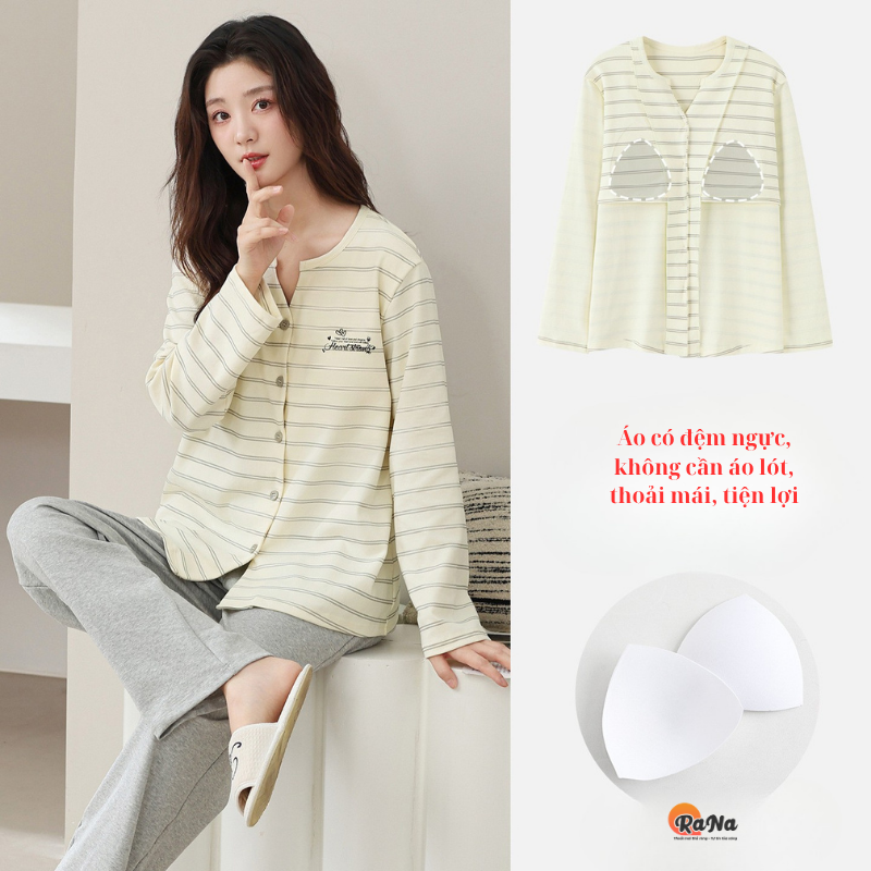 Bộ pijama thu đông cài nút có sẵn đệm ngực