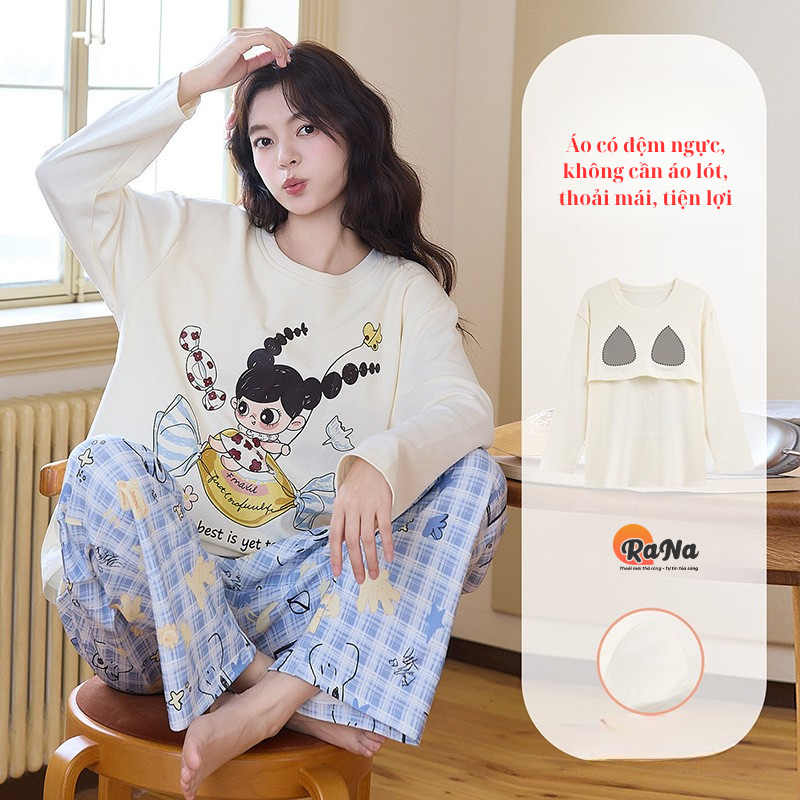 Bộ đồ mặc nhà thu đông thun coton cao cấp cổ tròn