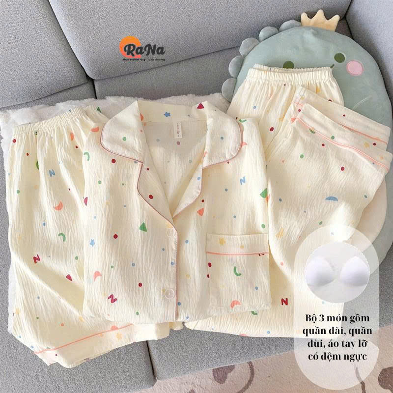 Đồ Bộ Nữ 3 Món Có Đệm Ngực – Áo Tay Lỡ, Quần Dài & Quần Đùi