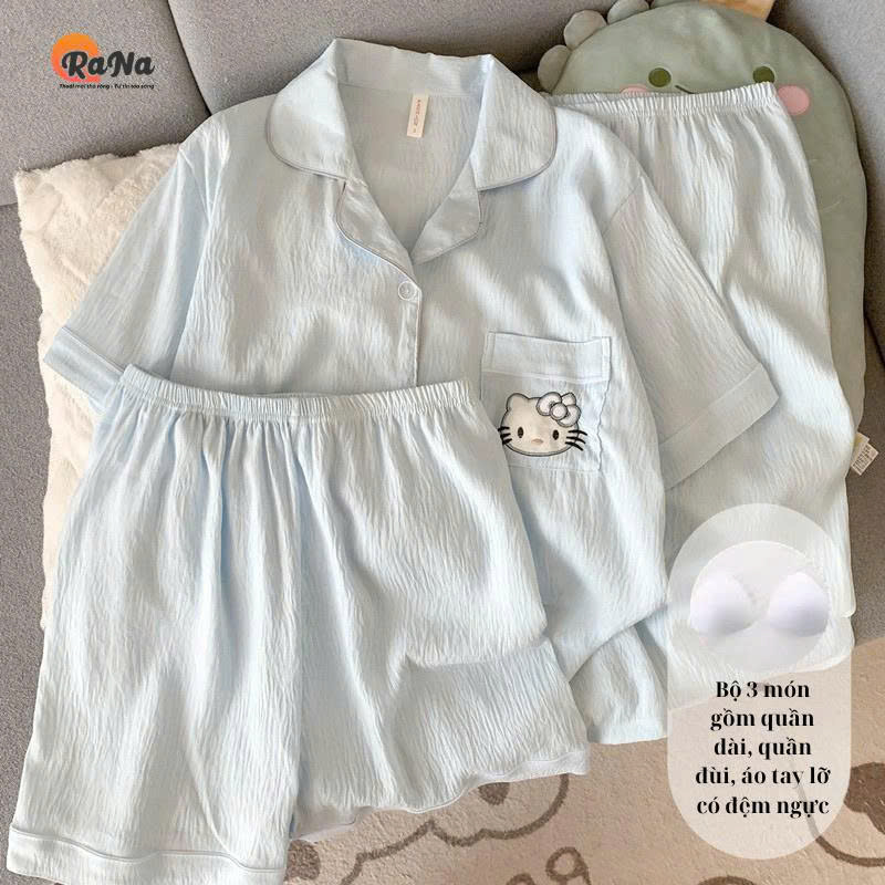 Đồ Bộ Nữ 3 Món Có Đệm Ngực – Áo Tay Lỡ, Quần Dài & Quần Đùi