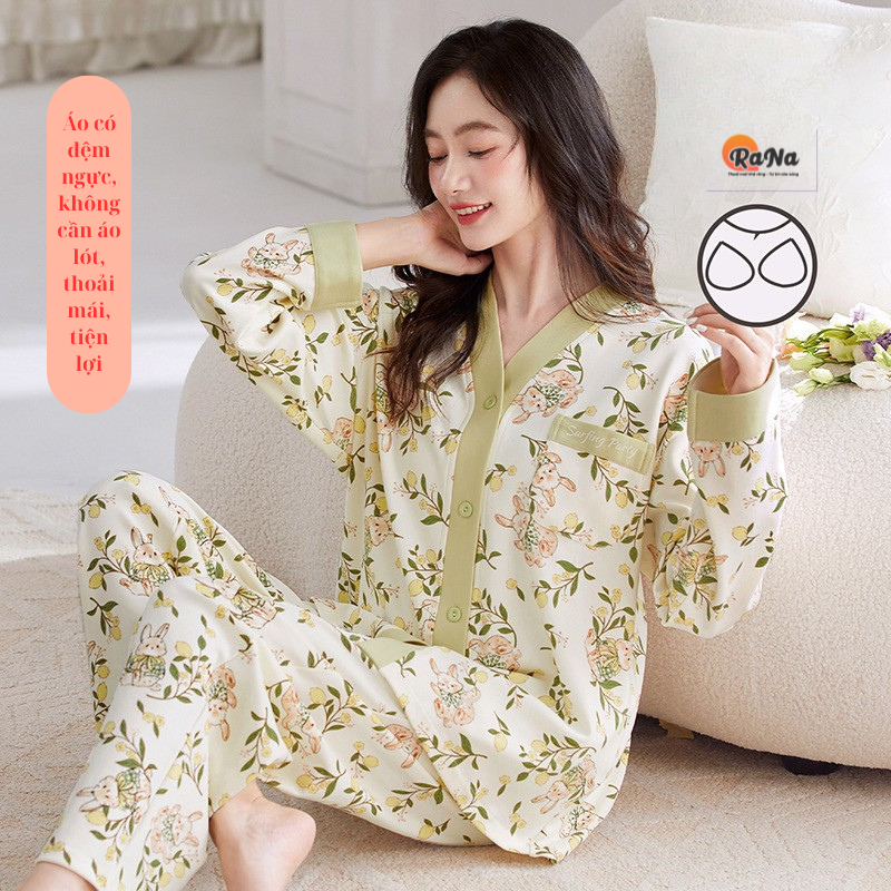 Bộ dài tay pijama có sẵn đệm ngực Cài Nút thu đông