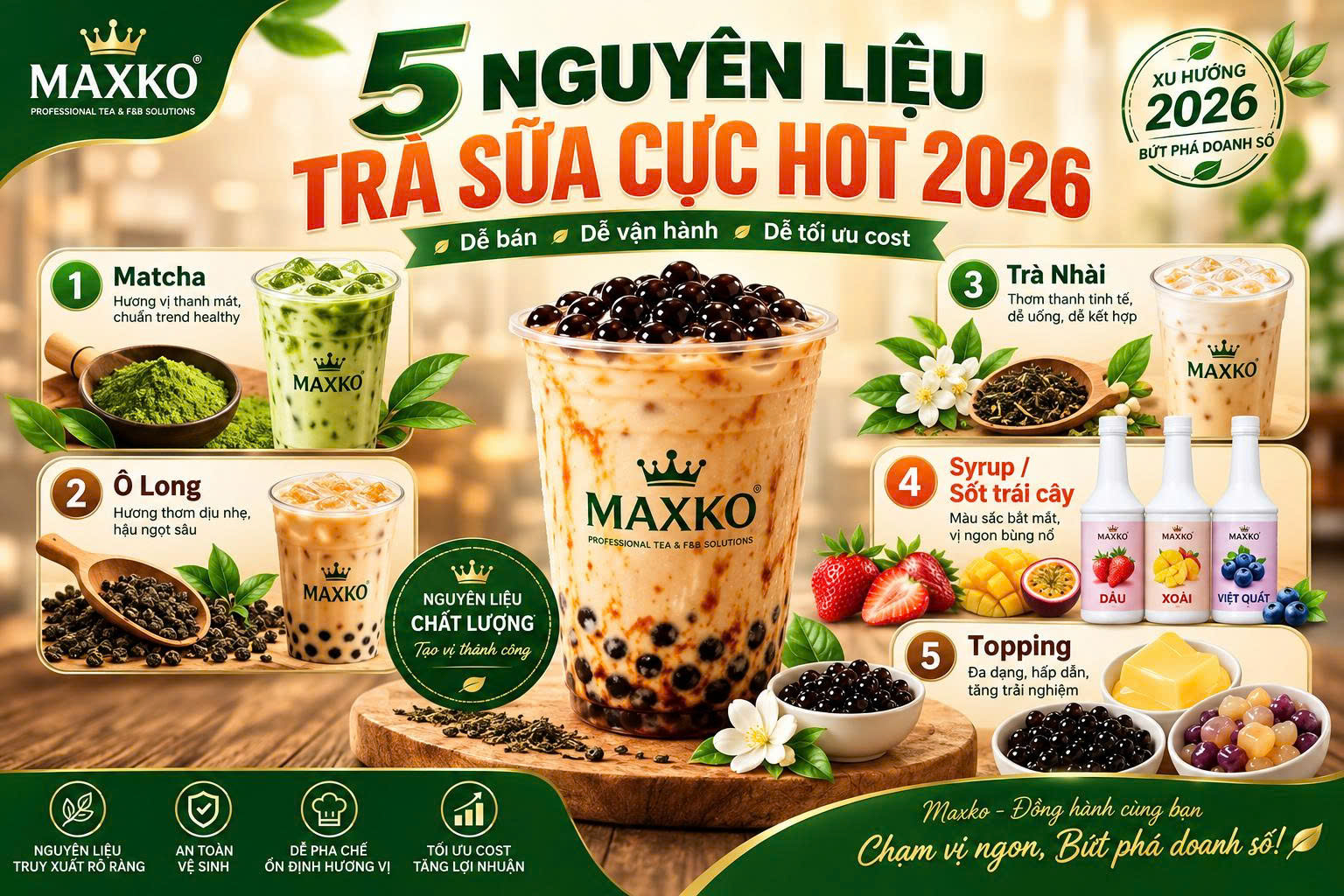 Tổng hợp 5 nguyên liệu trà sữa cực hot 2026: Quán F&B nên thử gì trước?