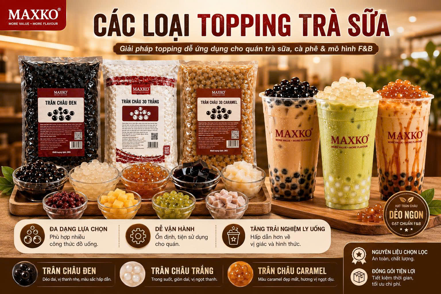Các loại topping trà sữa theo ma trận giòn, dai, mềm, béo