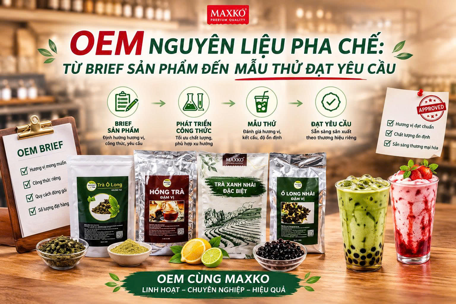 OEM nguyên liệu pha chế: từ brief sản phẩm đến mẫu thử đạt yêu cầu