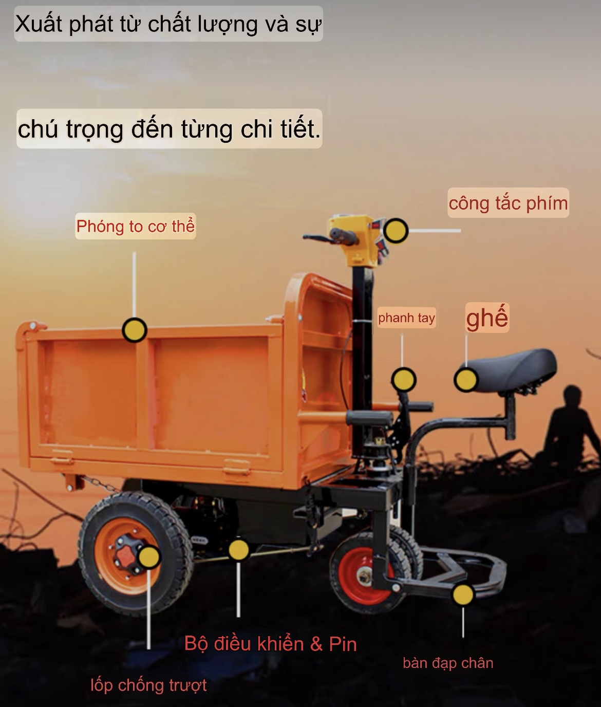 Xe điện ba bánh trở vật liệu xây dựng và nông sản trọng tải 1000kg