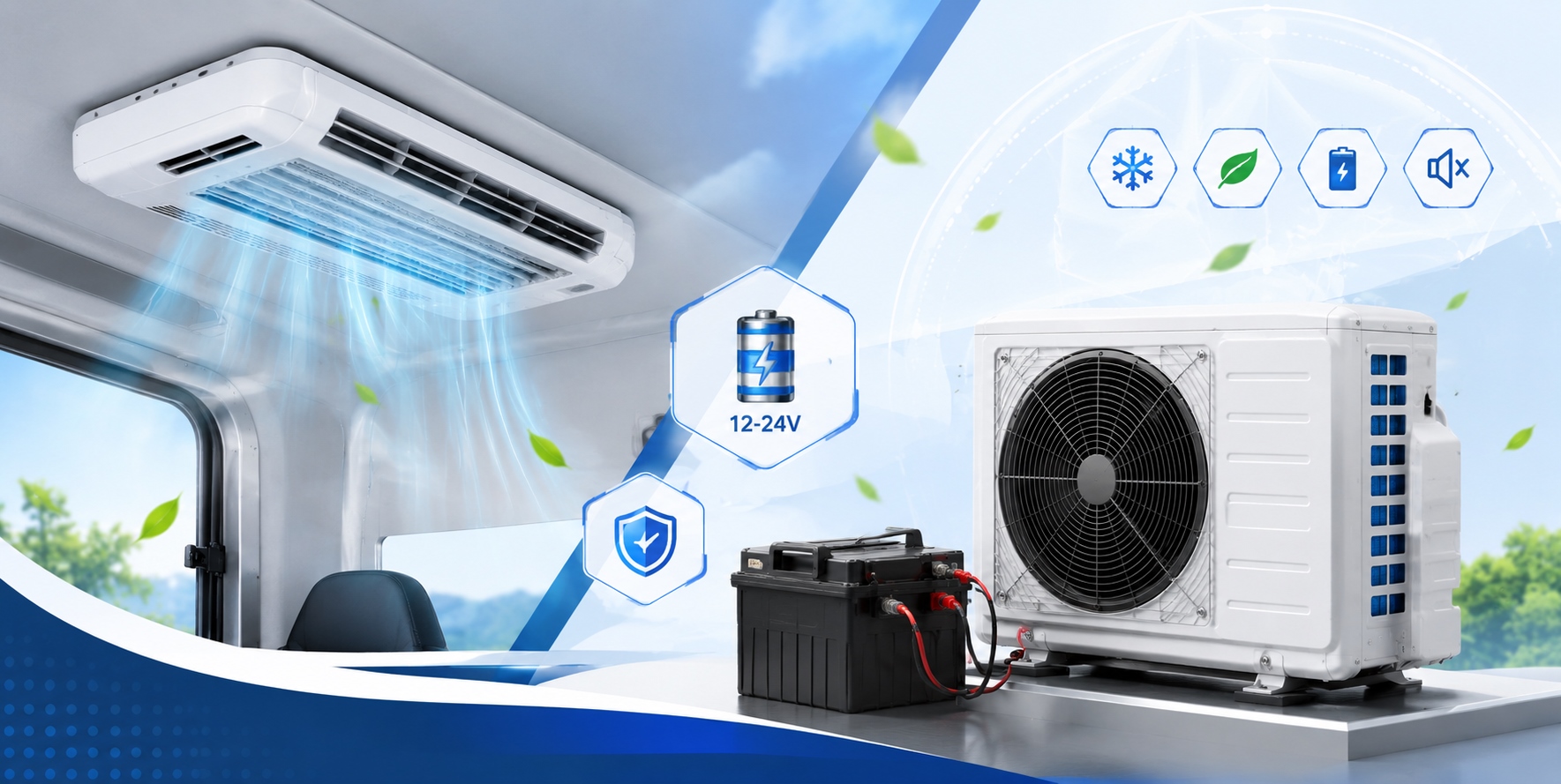 Điều hòa 2 cục chạy điện acquy 12-24v