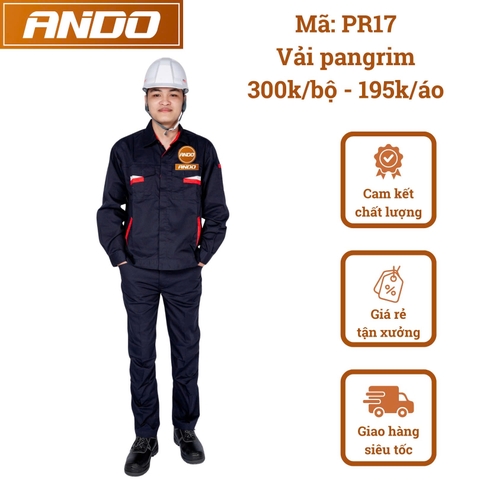 Quần áo bảo hộ lao động PR17 vải pangrim, màu xanh than phối đỏ, thiết kế & in đồng phục doanh nghiệp, nhà xưởng