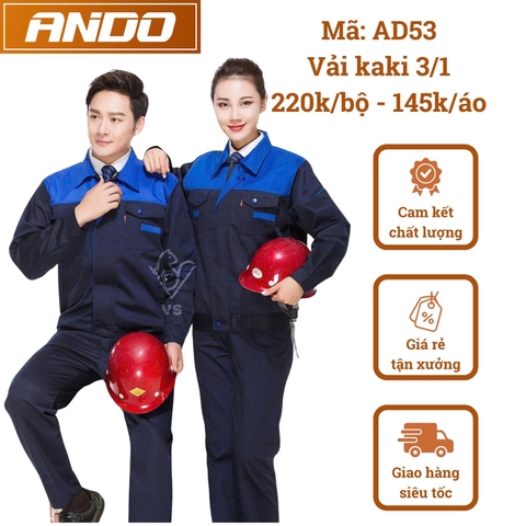 Quần áo bảo hộ lao động AD53 màu tím than phối xanh, vải kaki 3/1, thiết kế & in đồng phục doanh nghiệp, nhà xưởng