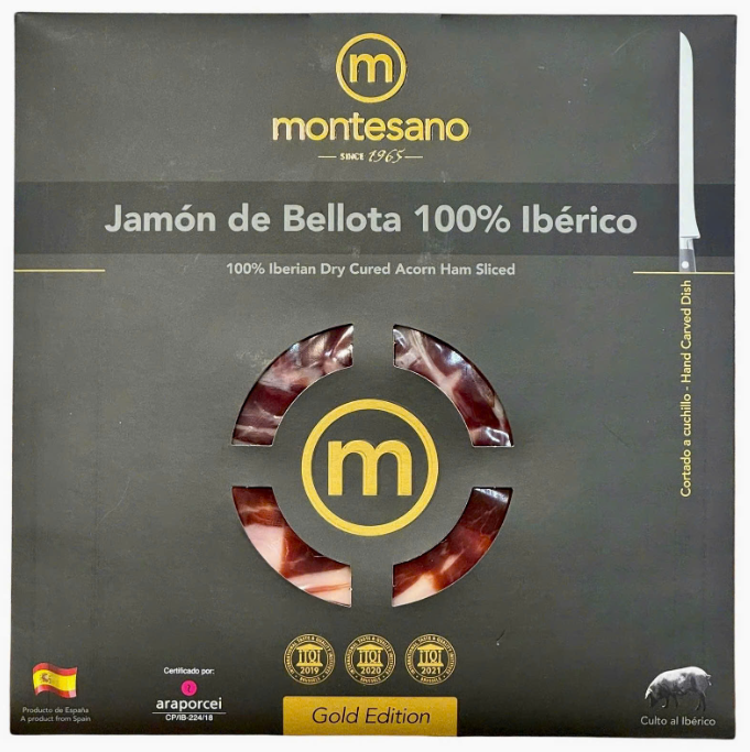 Thịt lợn ướp muối đùi sau cắt lát bằng tay - 100% Iberico Dry Cuder Ham Bellota Hand sliced