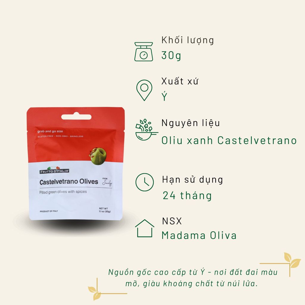 Oliu xanh tách hạt với gia vị - Castelvetrano Olives Doypack 30 Gr