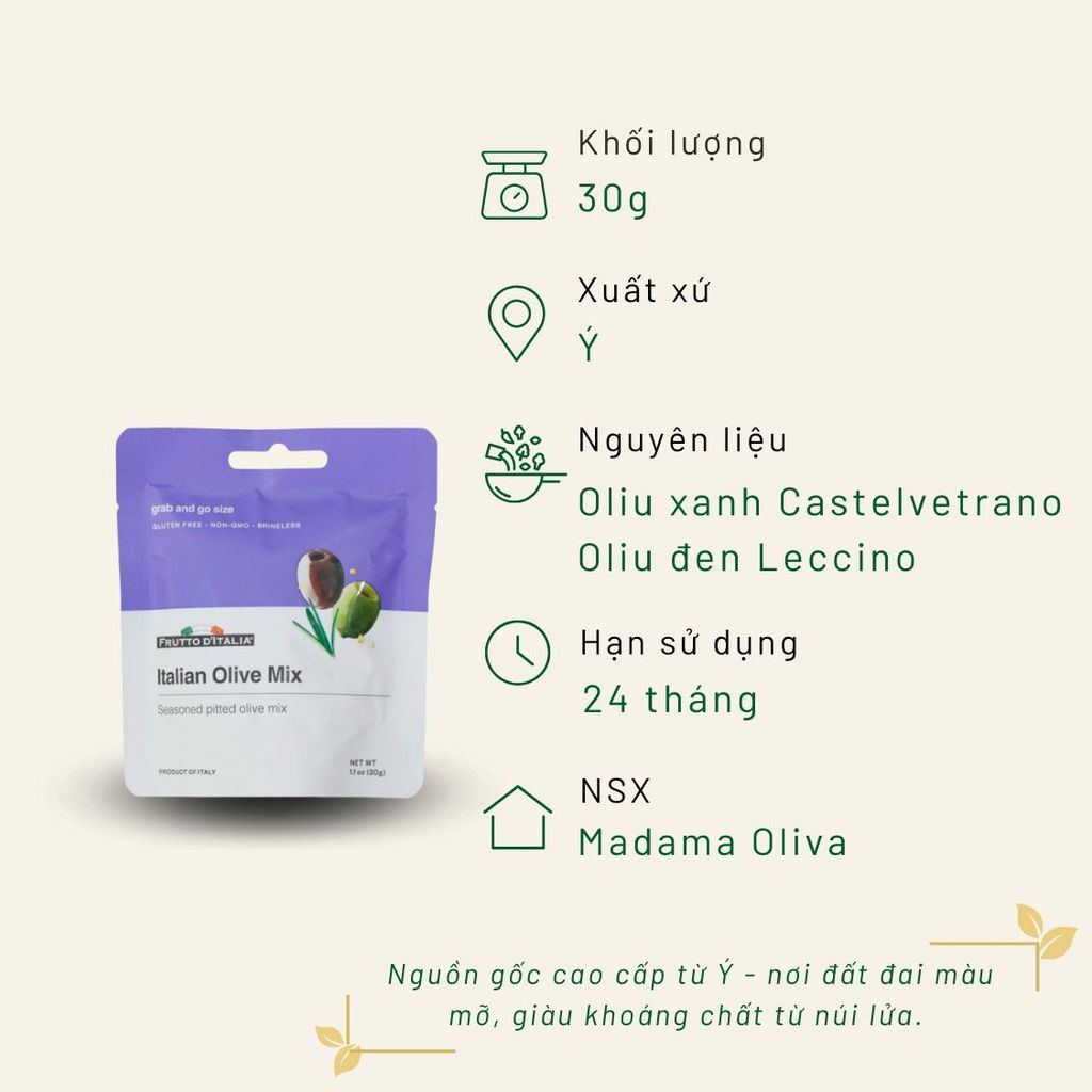 Oliu hỗn hợp tách hạt có gia vị - Italian Olive Mix Doypack 30 Gr
