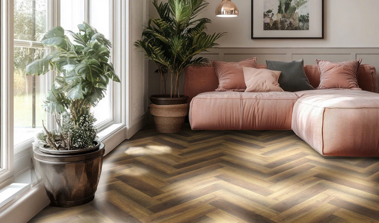 SPC Flooring Tile - Burnt Hickory Herringbone