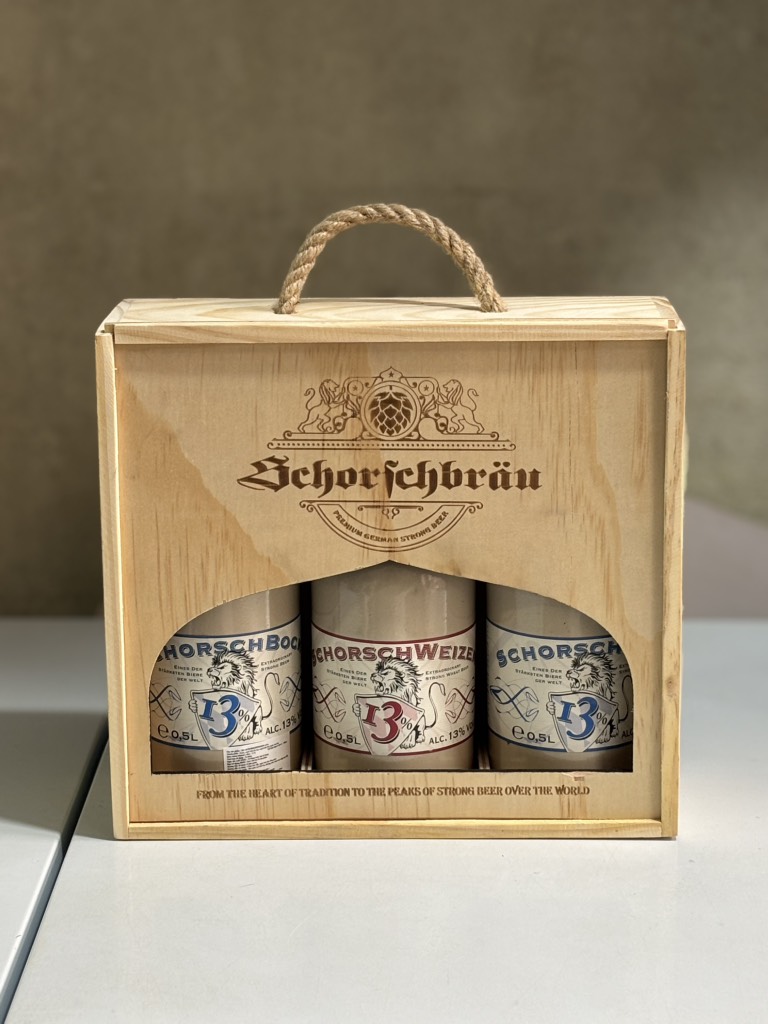 Hộp gỗ 3 chai bia sứ Schorsch 13% 500ml