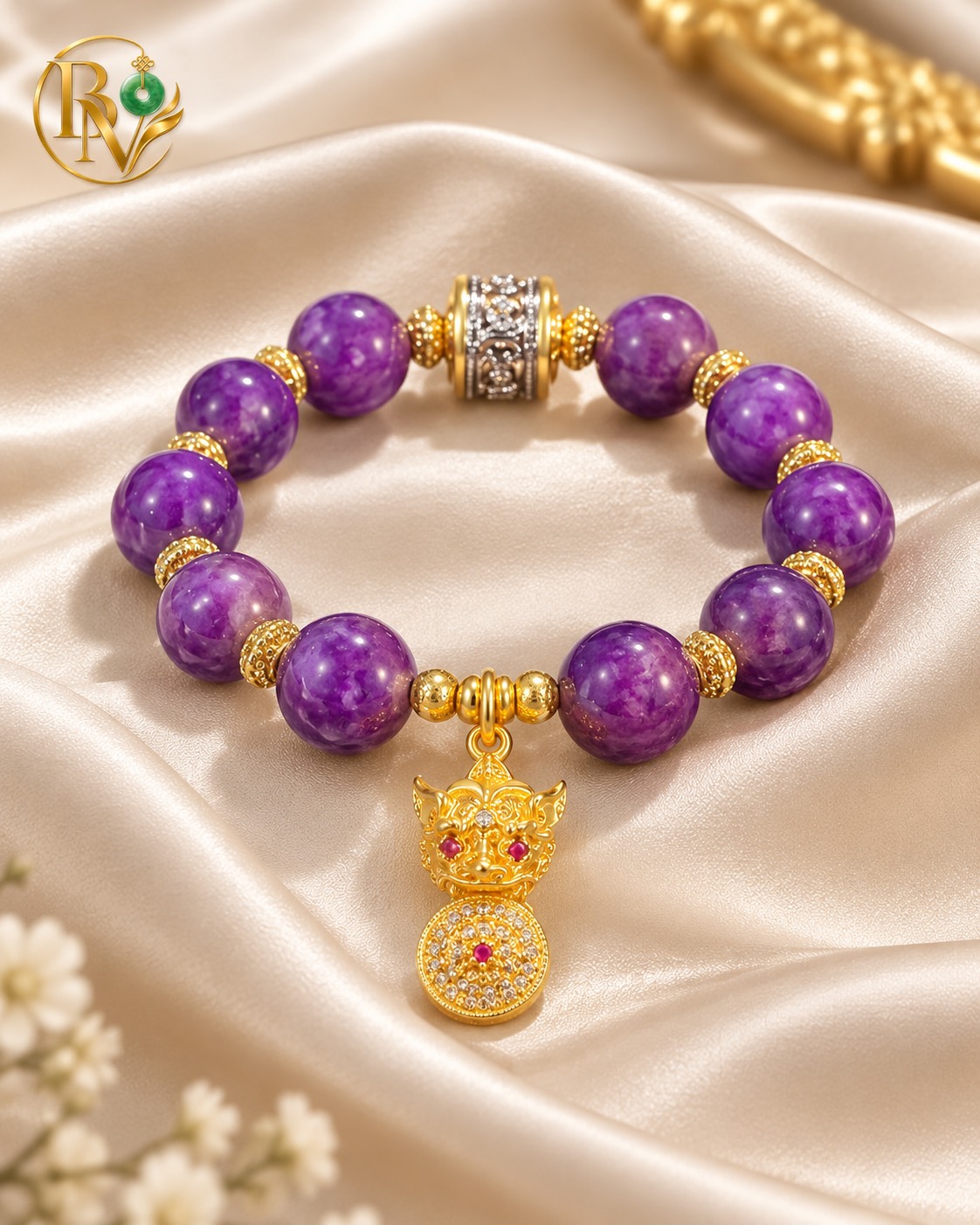 Lắc tay Đá Thạch Anh Tím Tự nhiên mix charm Lu Thống 112.1 - 12.2 li