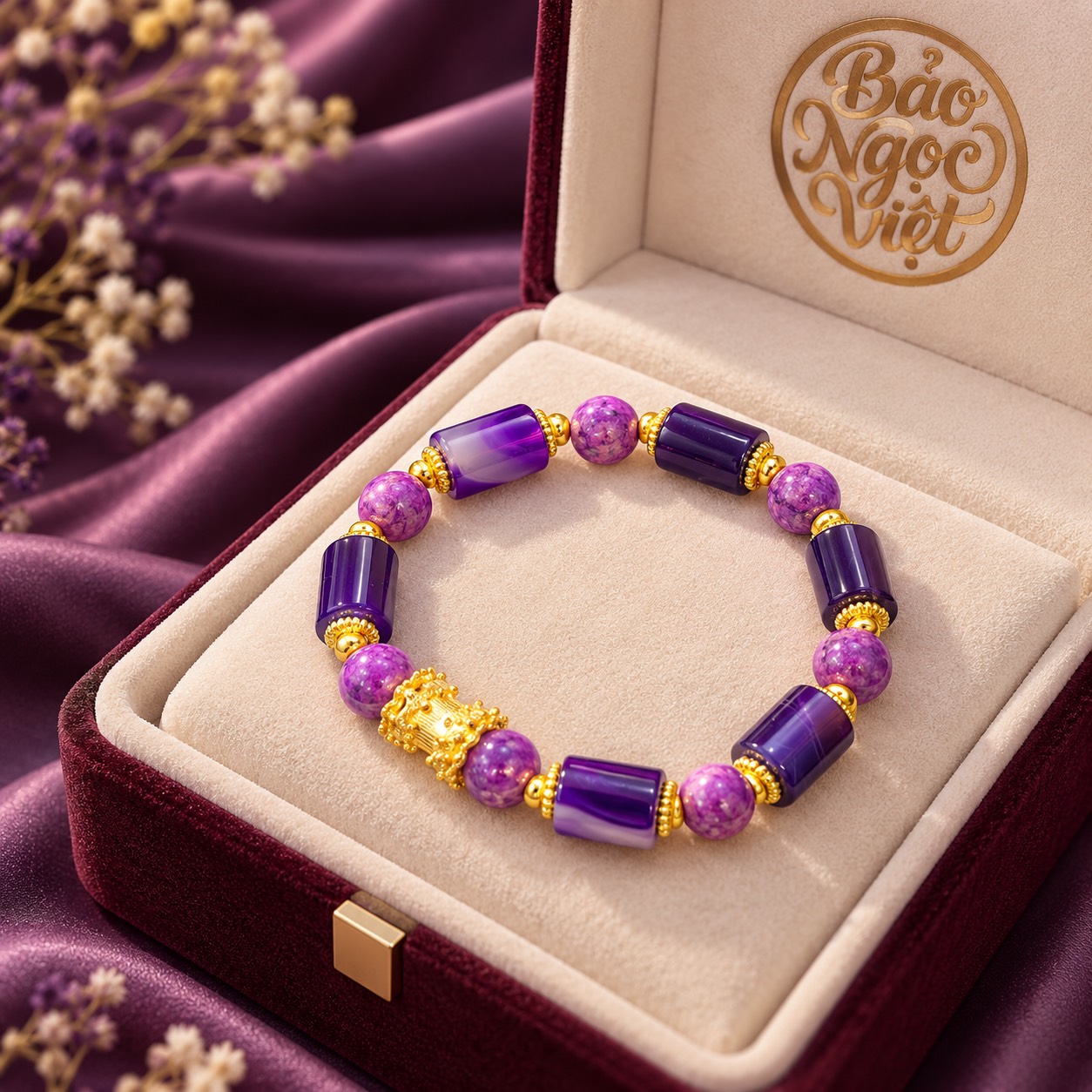 Vòng Tay Mã Não Tím mix charm Lu Thống 11.9 x 8.2 li