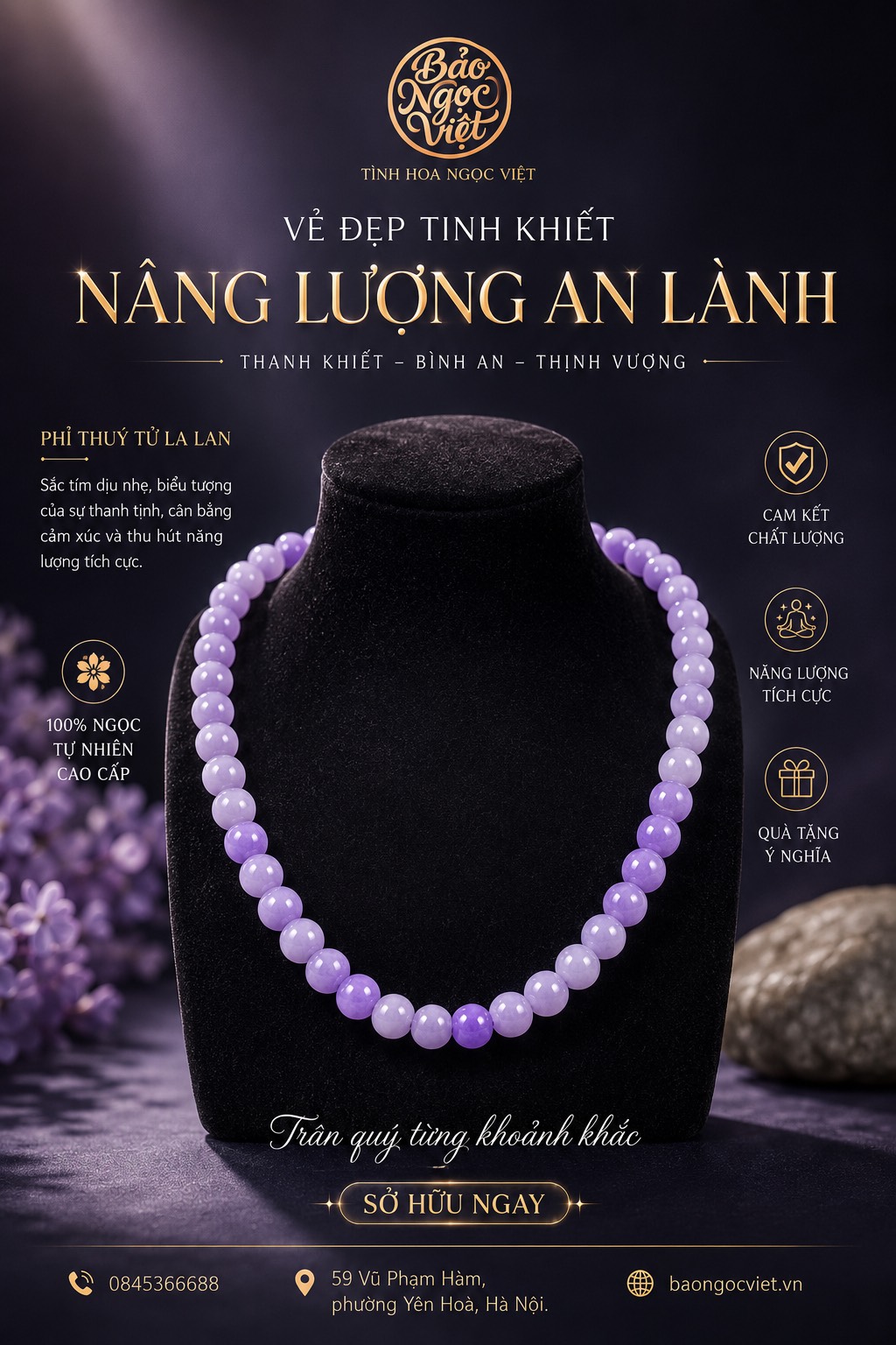 Chuỗi Vòng Cổ Ngọc Cẩm Thạch Tím La Lan 9,6 li