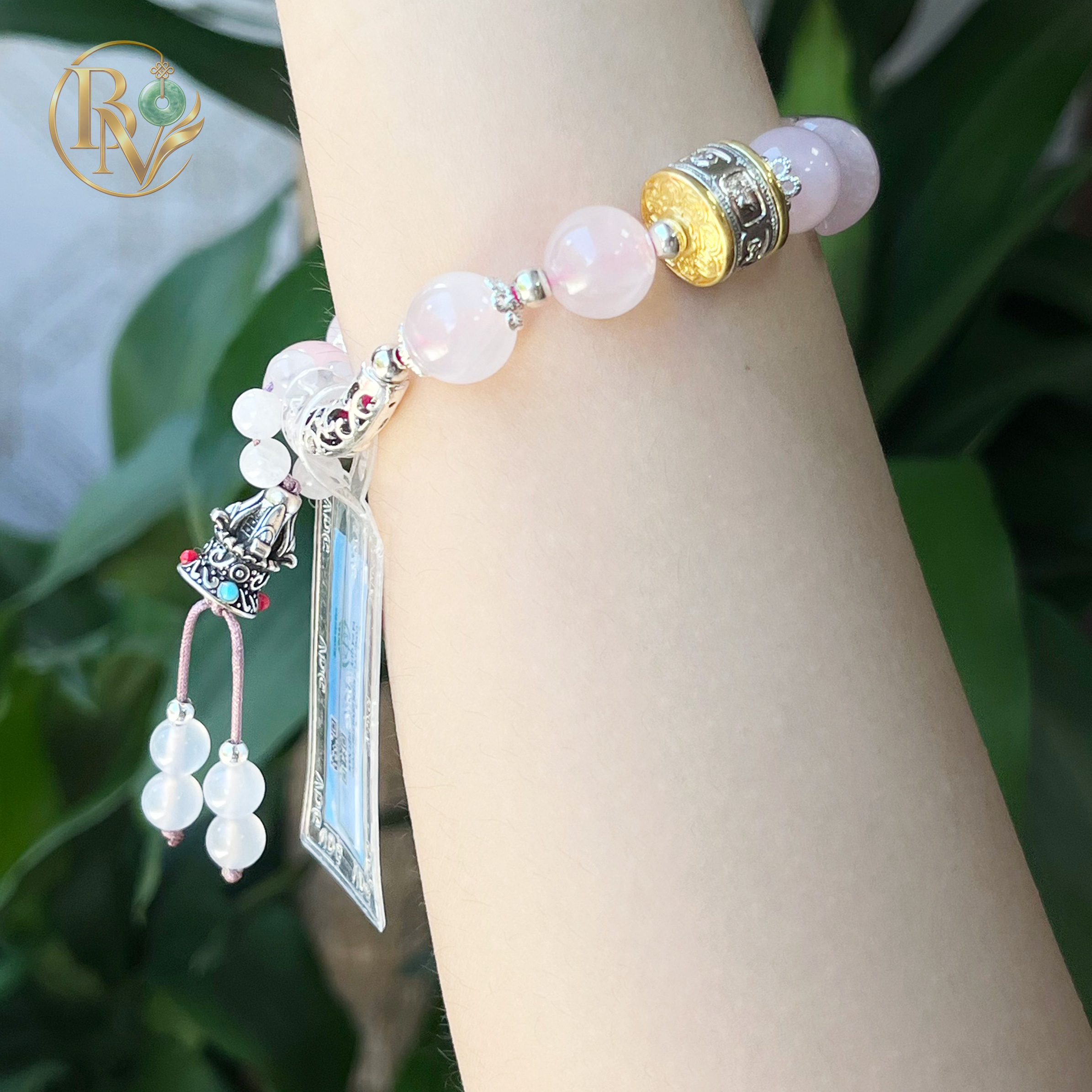 Lắc tay Thạch Anh Hồng mix Lu Thống, Chuông, Khánh 10-10.5 li