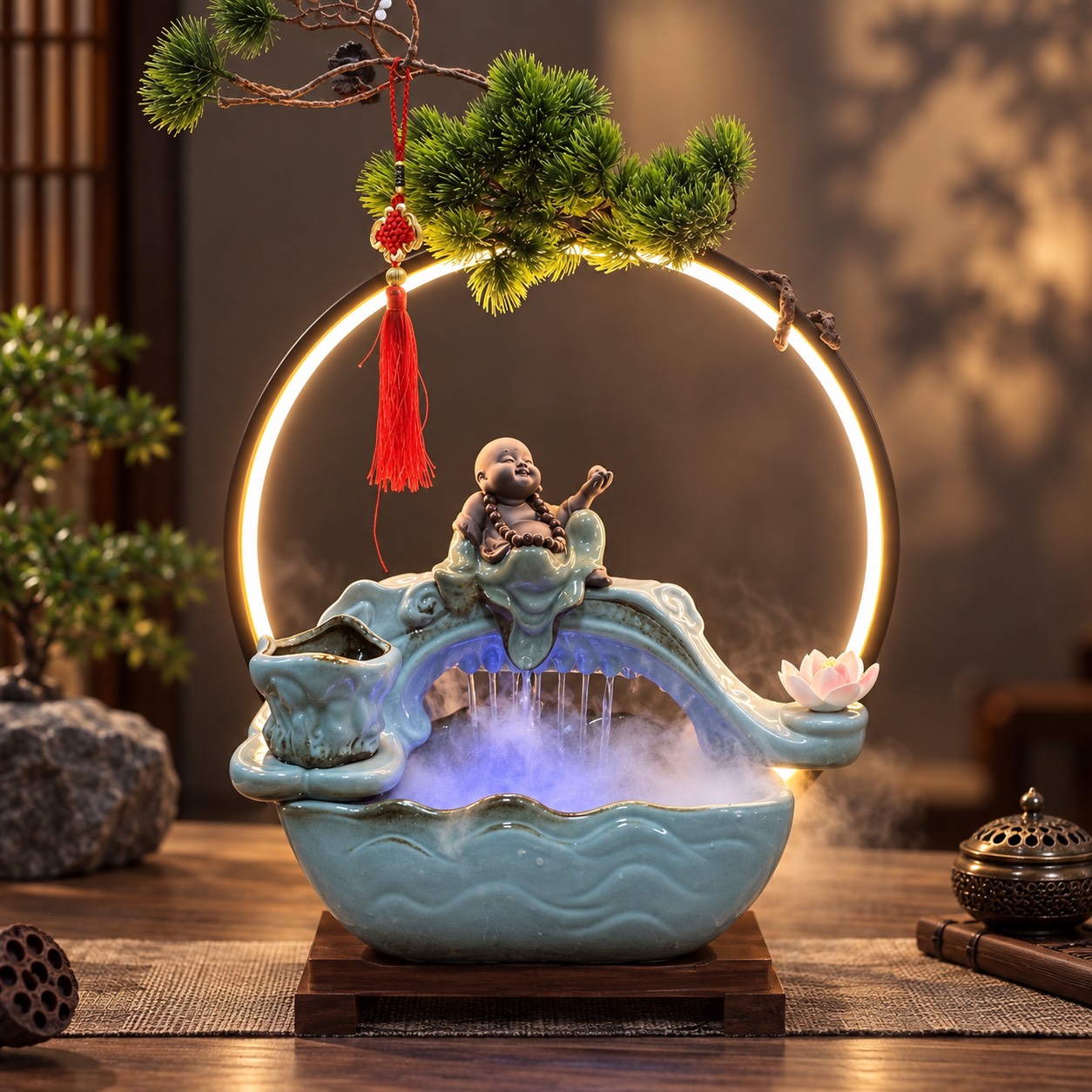 Đèn Decor Thác Nước Phong Thuỷ Chú Tiểu ngồi Giữa