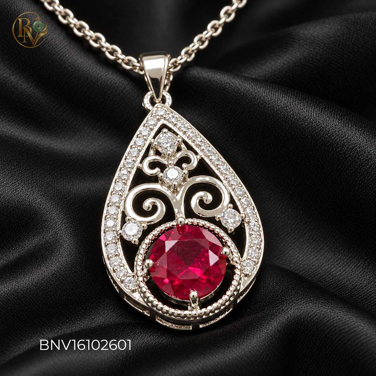 Dây chuyền nữ mặt Giọt nước Ruby mix CZ trắng