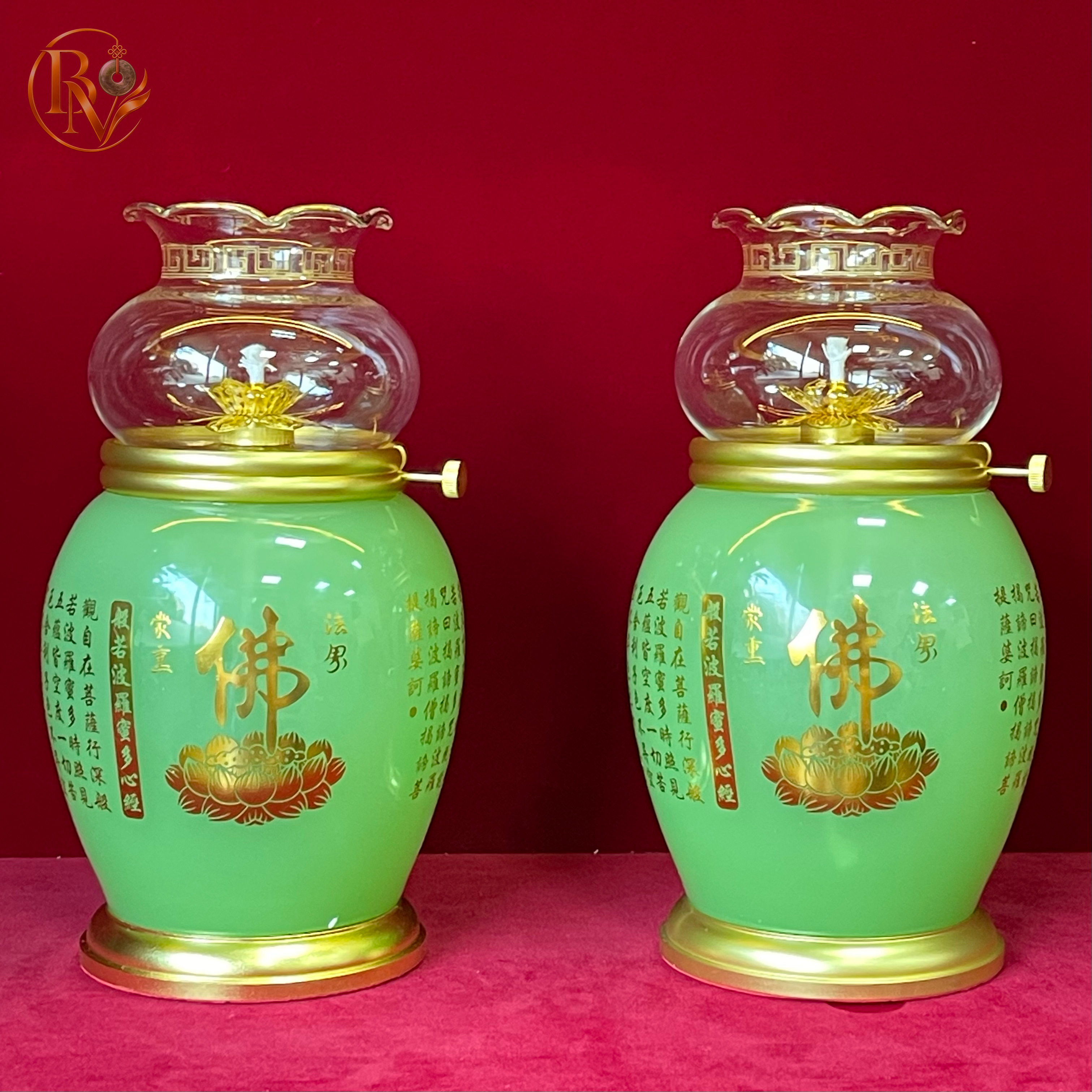 Đôi đèn thờ Xanh Ngọc Chữ Phật Hoa Sen Kinh Bát Nhã ngọc Onyx size TO