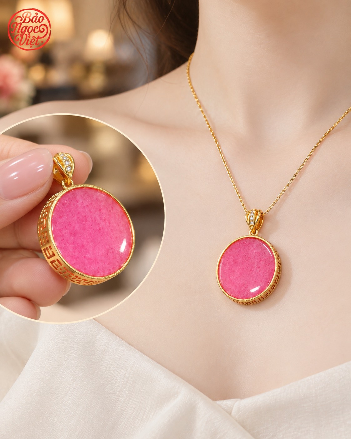 Mặt Dây Chuyền Thạch Anh Hồng bọc charm Tròn