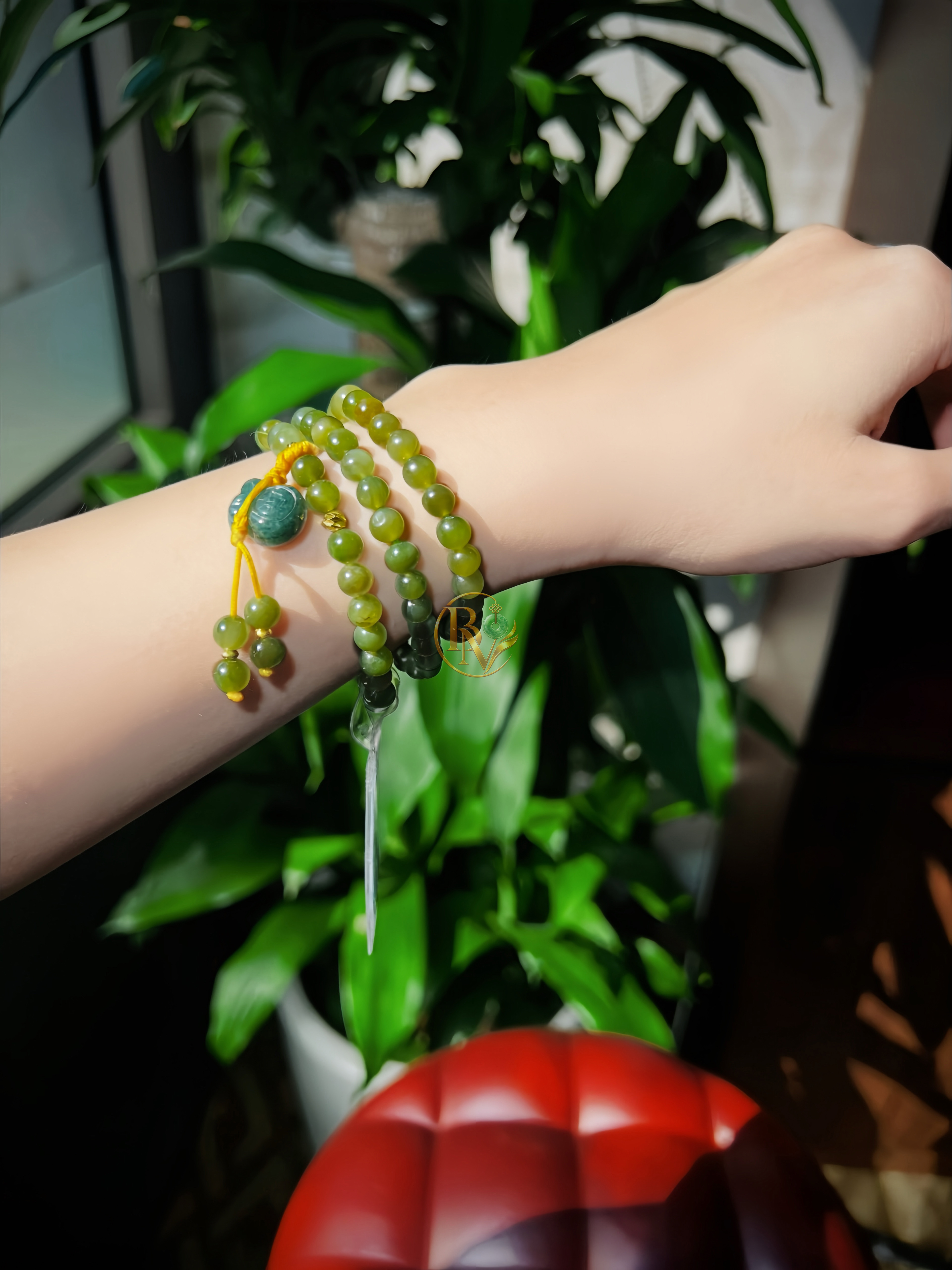 Chuỗi vòng cổ hoặc quấn tay Ngọc Bích xanh lục Type A mix Túi tiền 6 li