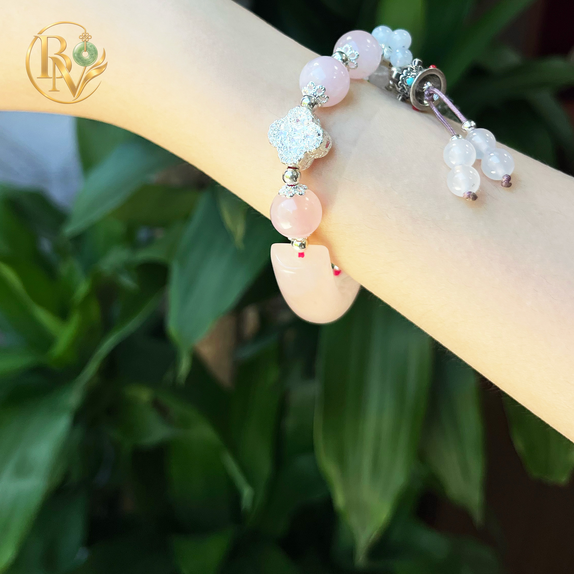 Lắc tay Thạch Anh Hồng mix Lu Thống, Chuông, Khánh 10-10.5 li
