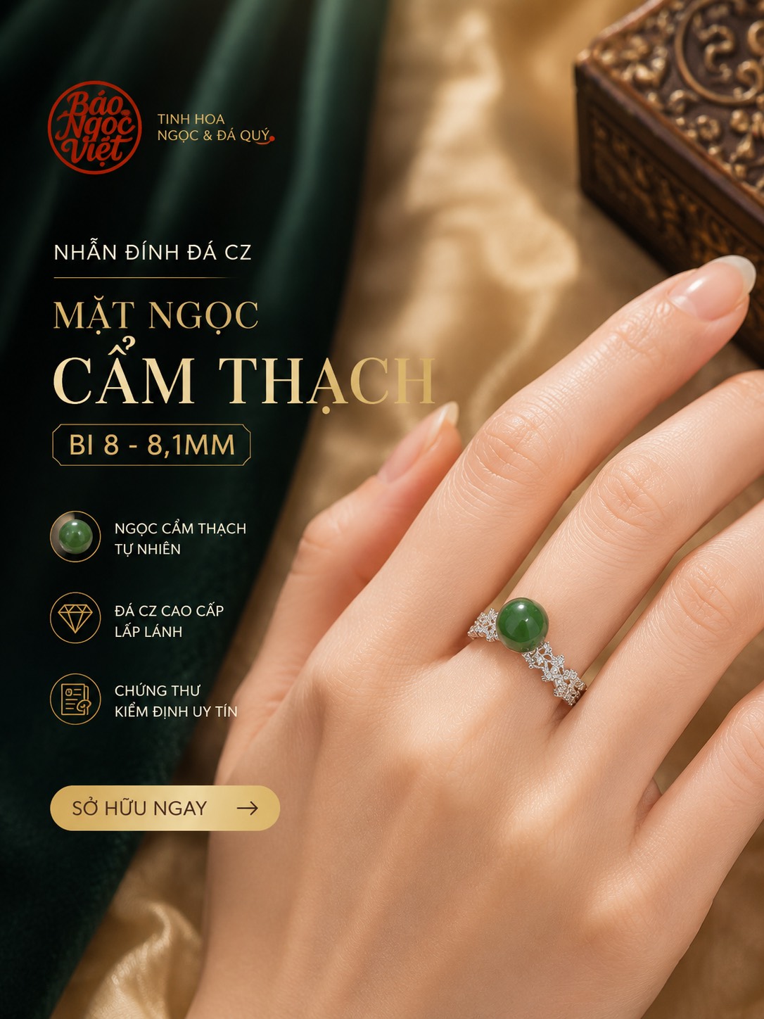 Nhẫn Đính Đá Cz mặt Ngọc Cẩm Thạch Bi 8-8,1mm