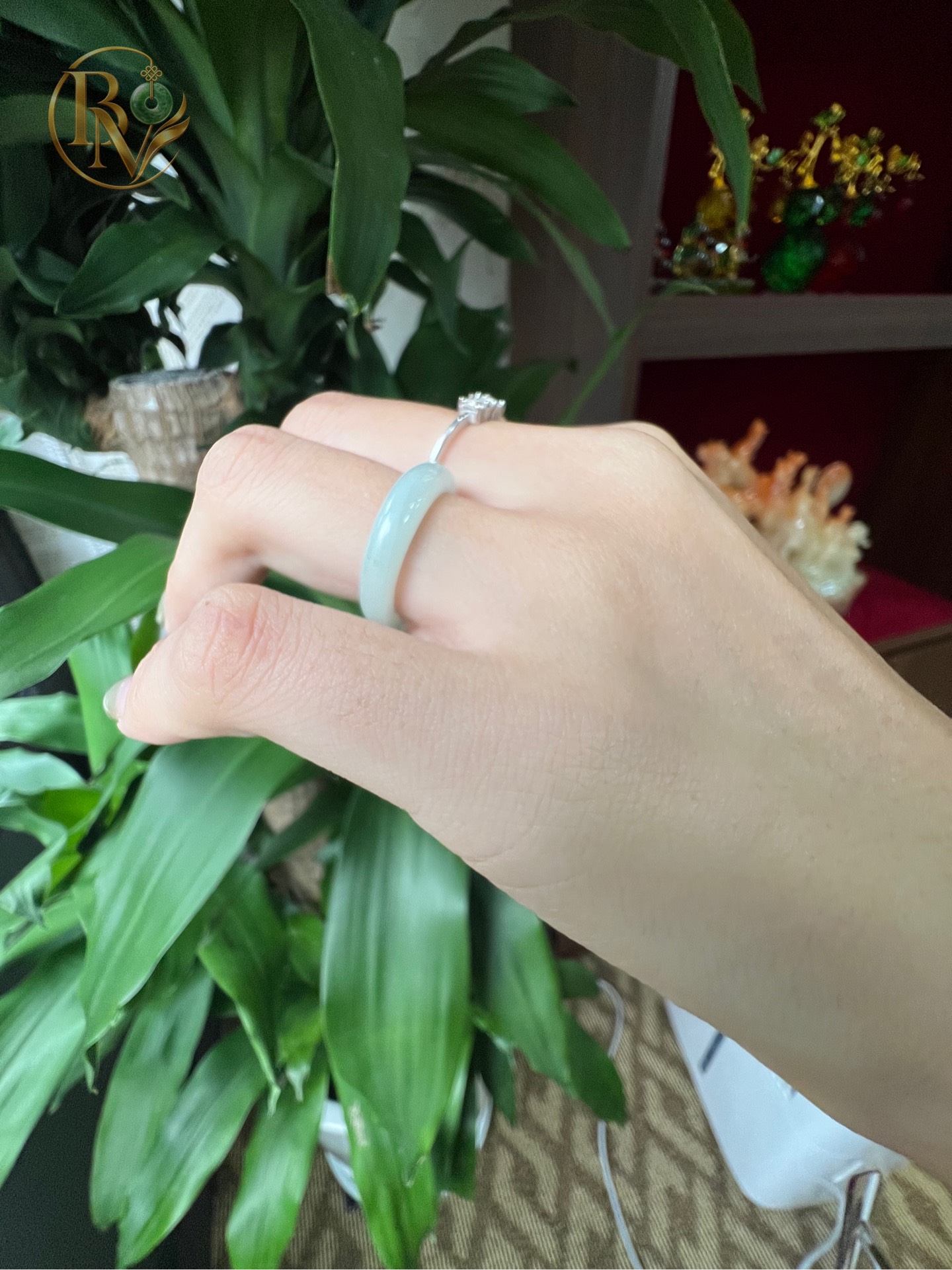 Nhẫn bản hẹ Ngọc Phỉ Thuý Xanh Táo ni nhiều size