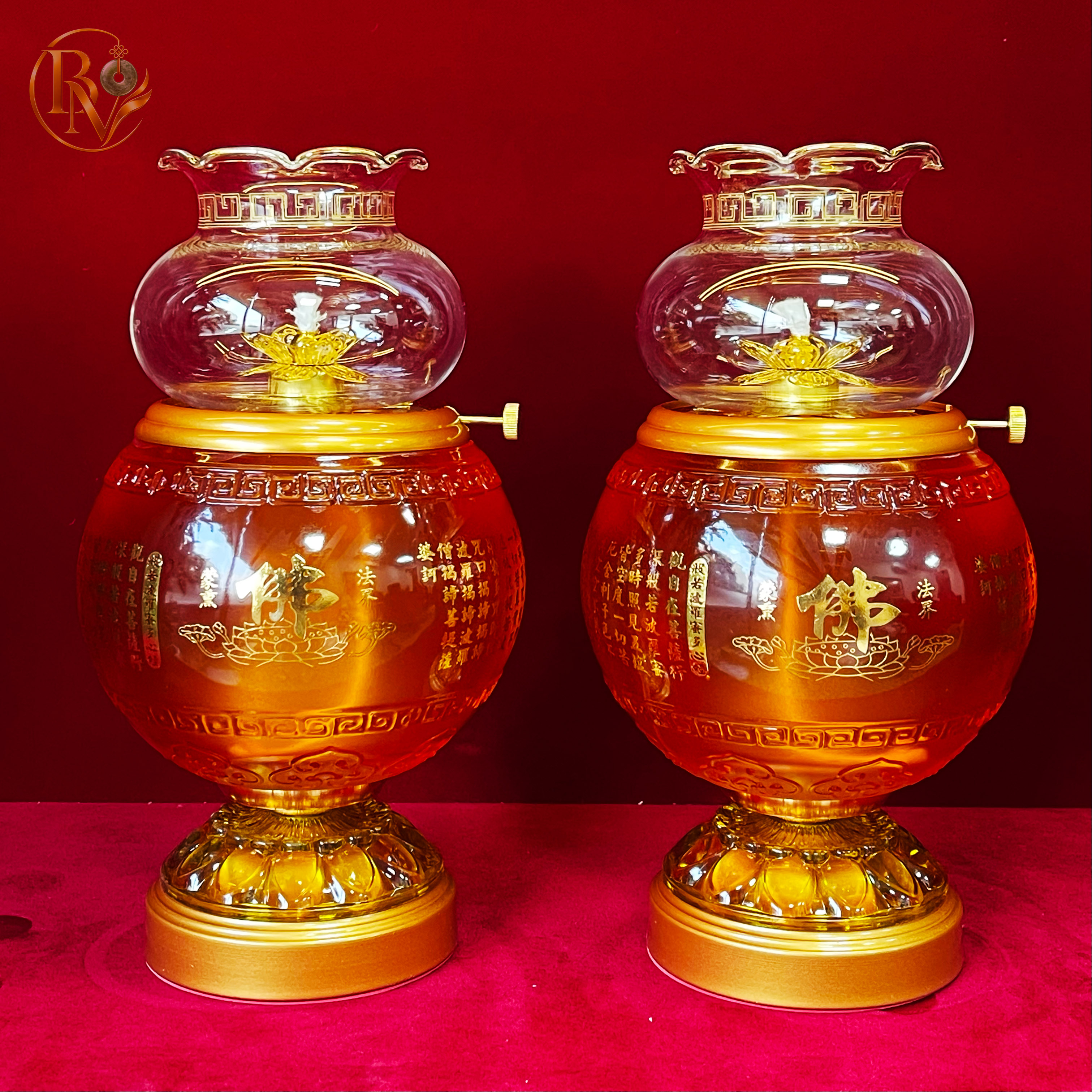 Đôi Đèn Dầu Lưu Ly Hoa Sen chữ Phật Kinh Bát Nhã size TO