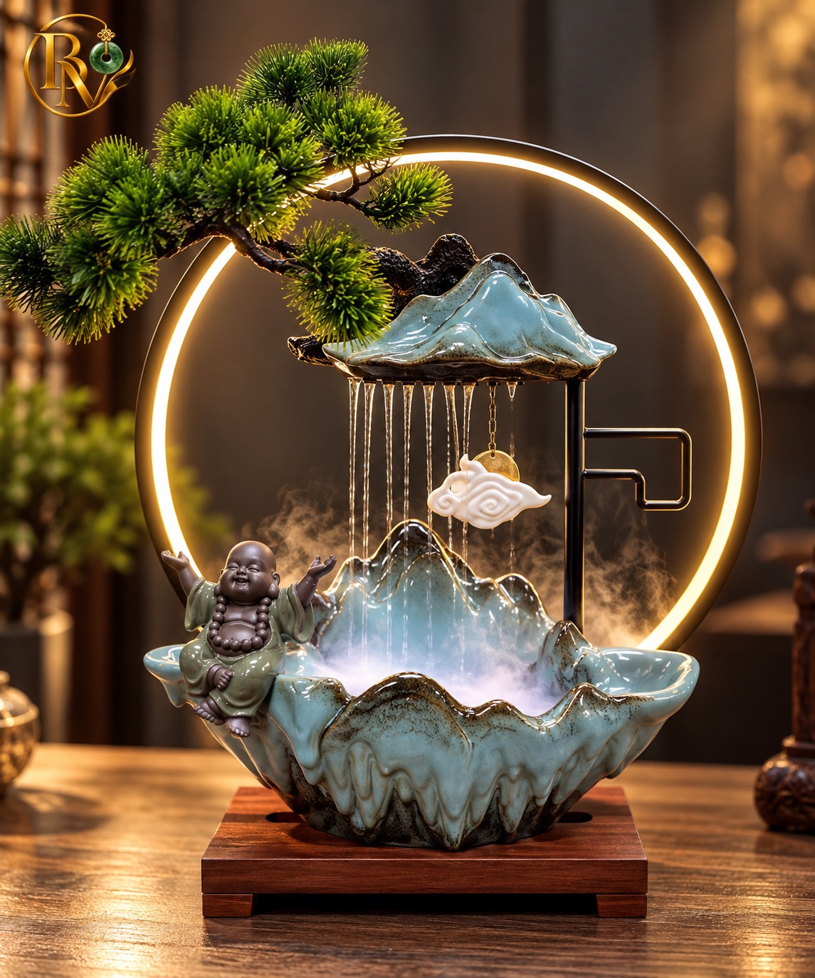 Đèn Decor Thác Nước Phong Thuỷ Chú Tiểu ngồi Bên trái Mây trắng