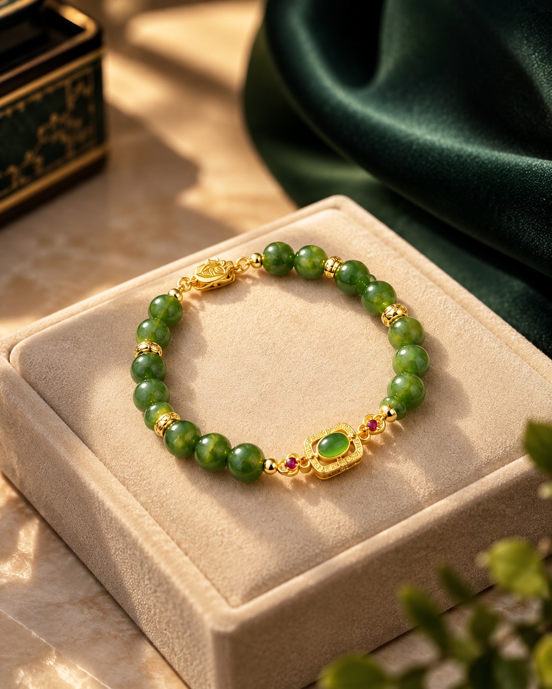 Vòng Tay Ngọc Bích Type A Xanh Lục mix charm Đính đá 7.5 li
