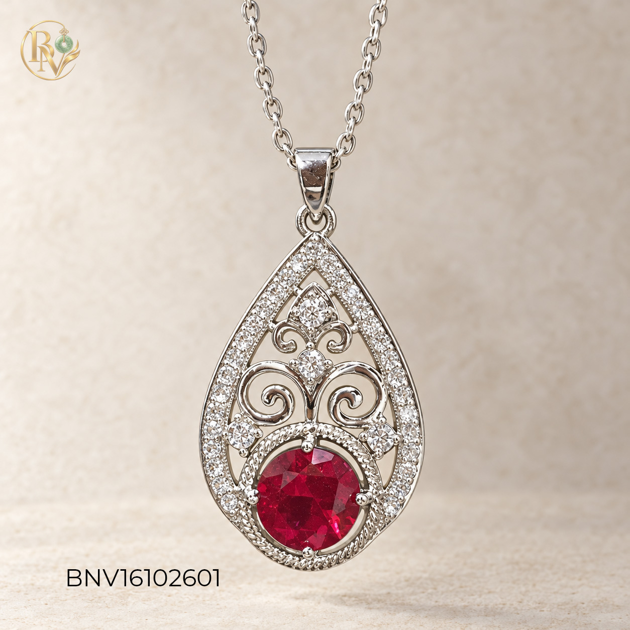 Dây chuyền nữ mặt Giọt nước Ruby mix CZ trắng