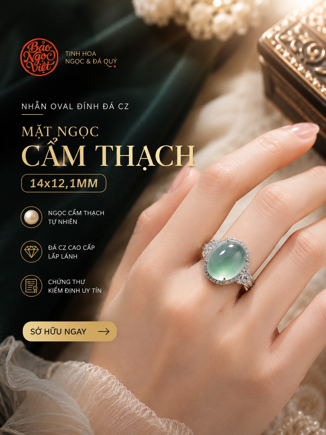 Nhẫn Oval Đính Đá Cz mặt Ngọc Cẩm Thạch