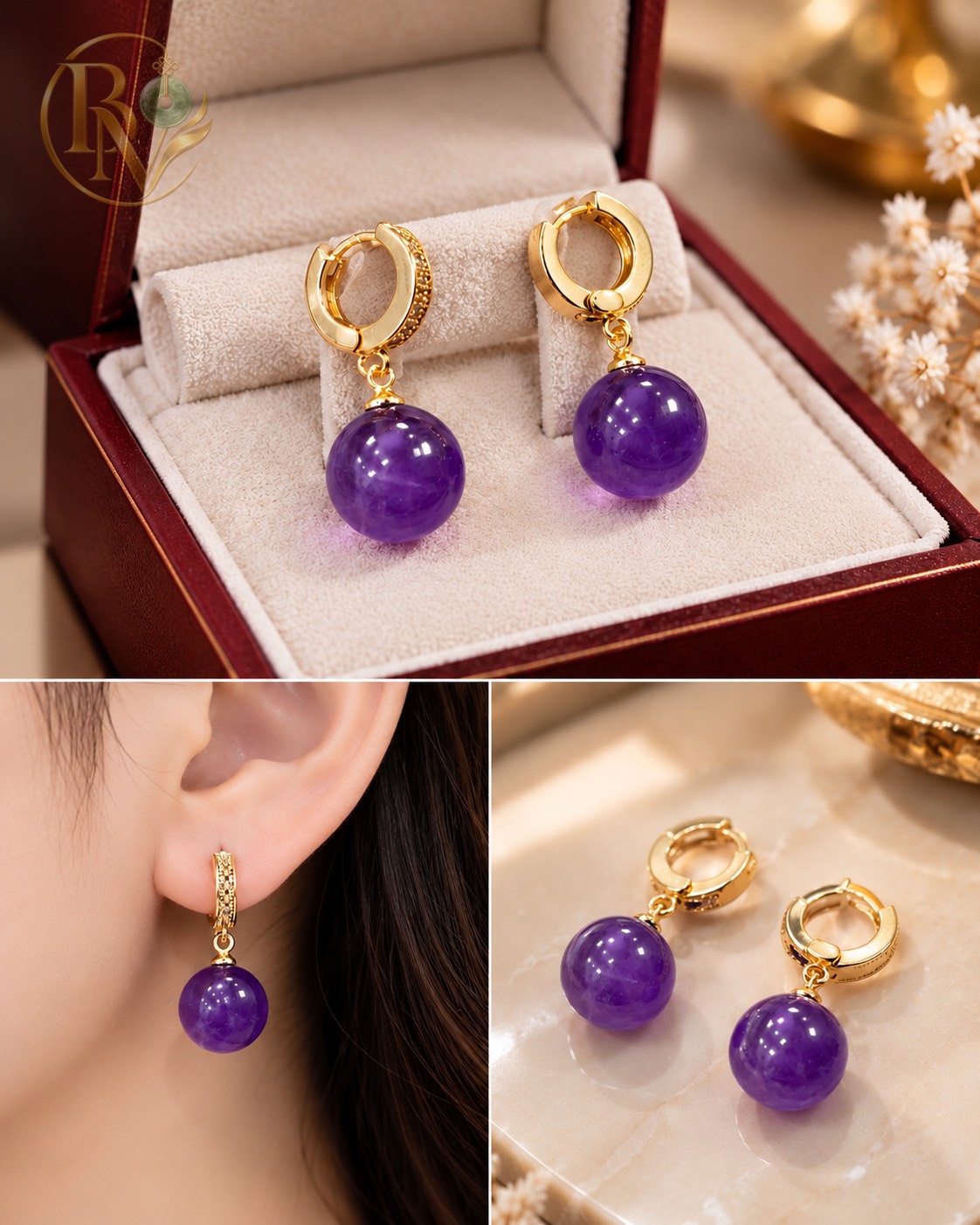 Khuyên Tai Thạch Anh Tím Cầu Tròn 12 li