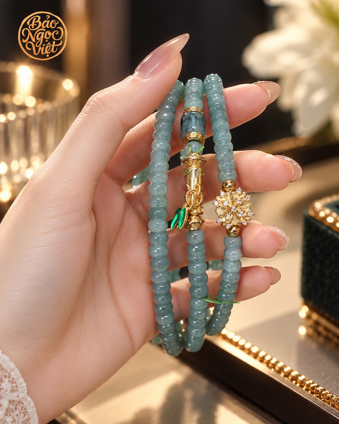 Chuỗi Vòng Ngọc Cẩm Thạch quấn tay mix charm Đốt Tre, Lu Thống, Cánh hoa đính Đá 5.2 x 3.37 mm