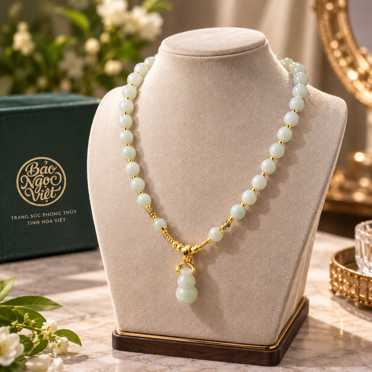 Chuỗi Vòng Cổ Ngọc Cẩm Thạch mix charm Mặt Hồ Lô 7.3 - 7.9 li