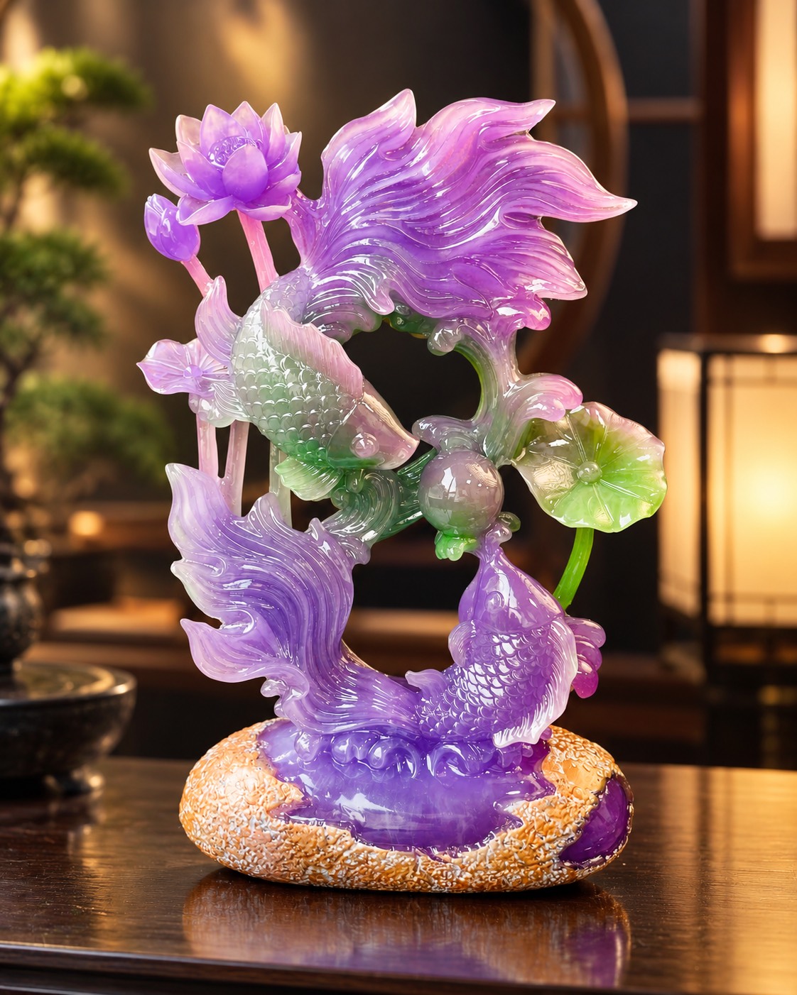 Decor Phong Thủy Song Ngư Liên Hoa - Tử La Lan Cao Cấp