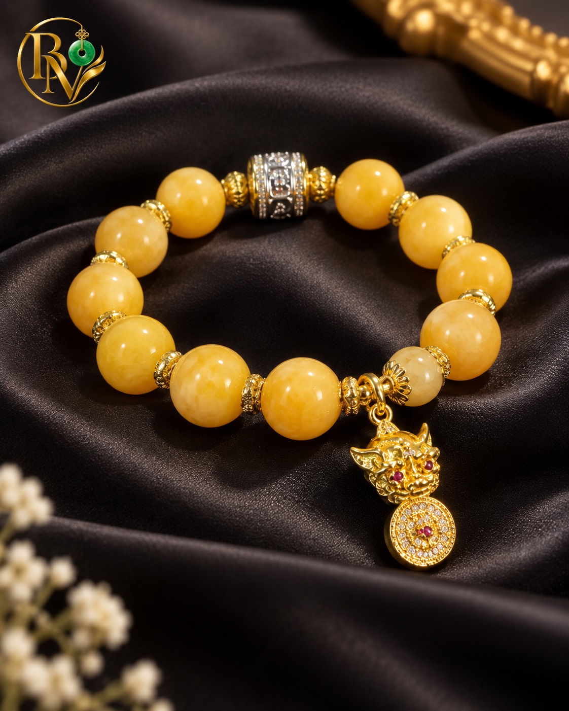 Lắc tay Đá Thạch Anh Vàng Tự nhiên mix charm Lu Thống 11.8 - 12 li