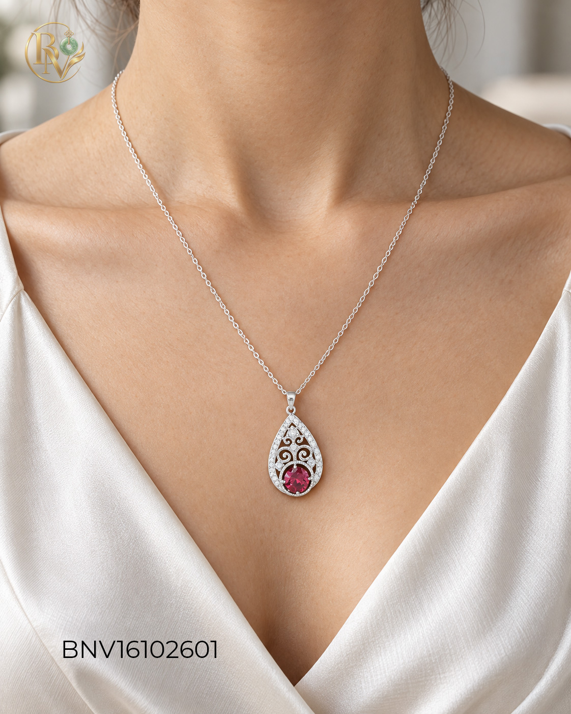 Dây chuyền nữ mặt Giọt nước Ruby mix CZ trắng