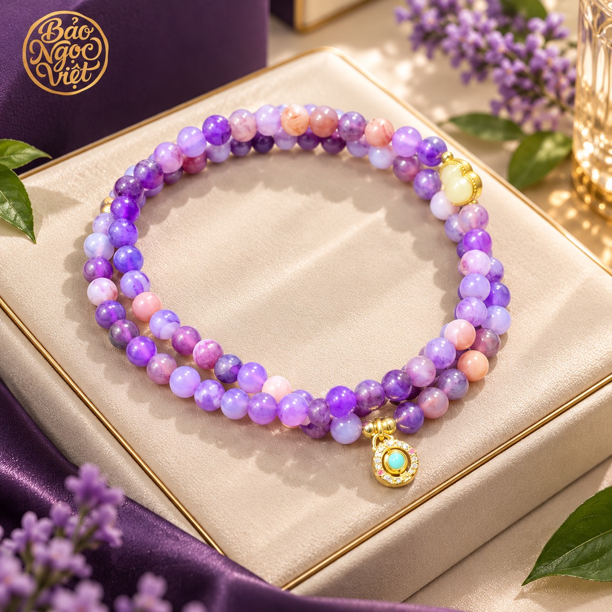 Chuỗi hạt Mã não Tím Vòng cổ hoặc quấn tay mix charm Hồ Lô, Mặt tròn 6.4 - 6.5 li