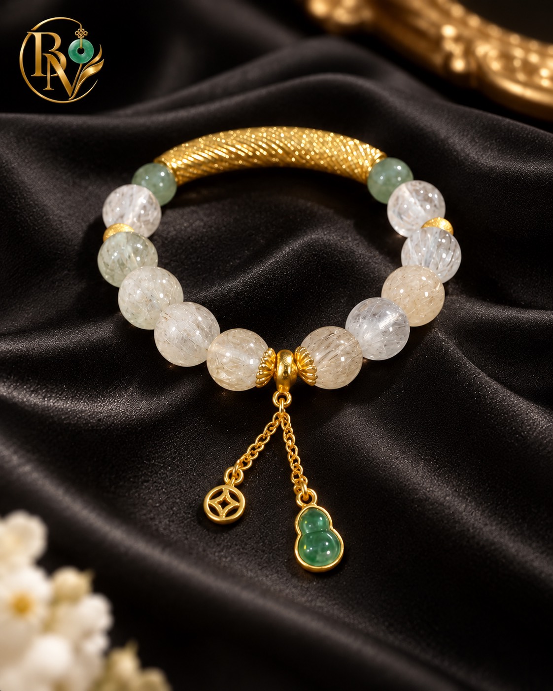 Lắc Tay Thạch Anh Tóc Tự Nhiên mix charm Hồ Lô Đá Xanh 8.2 - 11 li